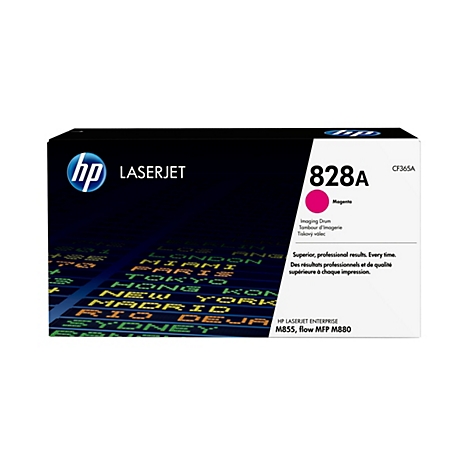 Eine schwarze HP LaserJet Druckerpatrone mit dem Logo links oben und der Bezeichnung 828A in Magenta. Aufdrucke mit technischen Informationen.