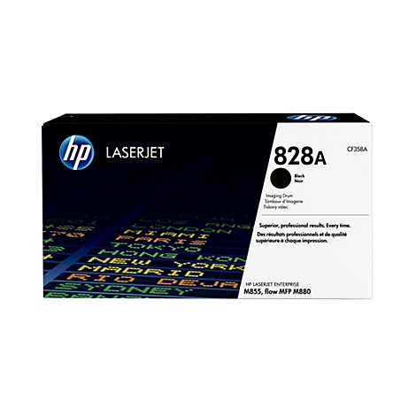 Schwarze HP LaserJet 828A Tonerkartusche. Schwarze Schrift auf dem Produkt mit Städtenamen auf dem Hintergrund.