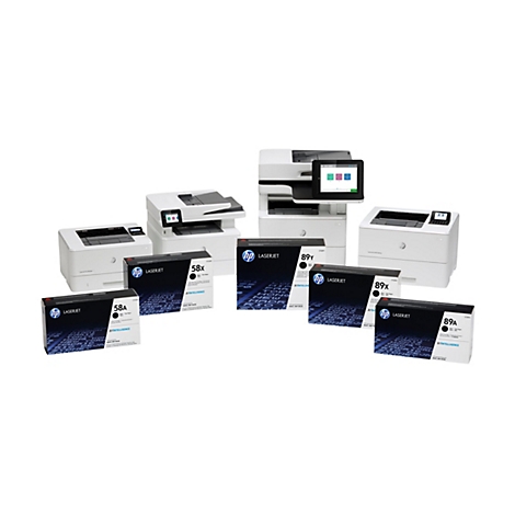 Plusieurs imprimantes laser HP et cartouches de toner sont présentées sur fond blanc. Deux imprimantes affichent des écrans de style tactile.