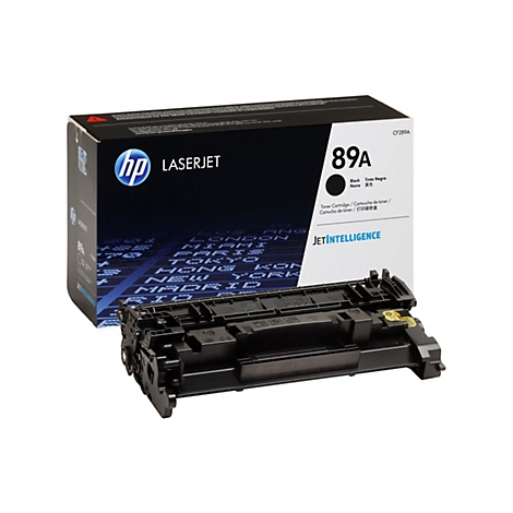 Cartouche de toner HP 89A noire et son emballage, nom du produit. Texte sur le produit : LaserJet, JetIntelligence.