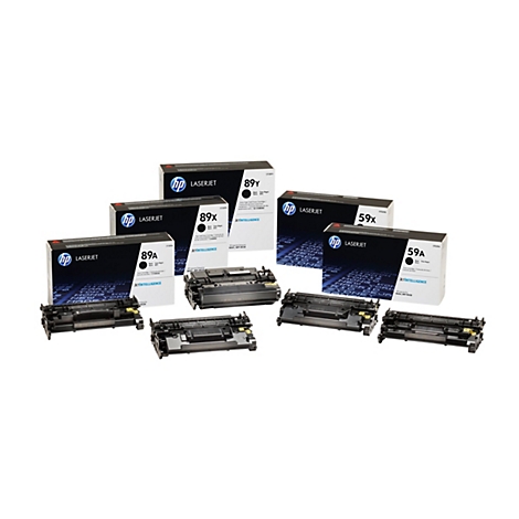 Plusieurs cartouches de toner HP LaserJet et leurs composants sur fond blanc. Les cartouches sont noires avec des lettres blanches.