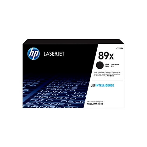 Schwarze HP LaserJet 89X Tonerkartusche. Aufdrucke: „LASERJET“, „89x“. Schwarzer Kreis für Farbe. Schriftzüge: „JETINTELLIGENCE“ und „HP LaserJet Enterprise M507, MFP M528“.
