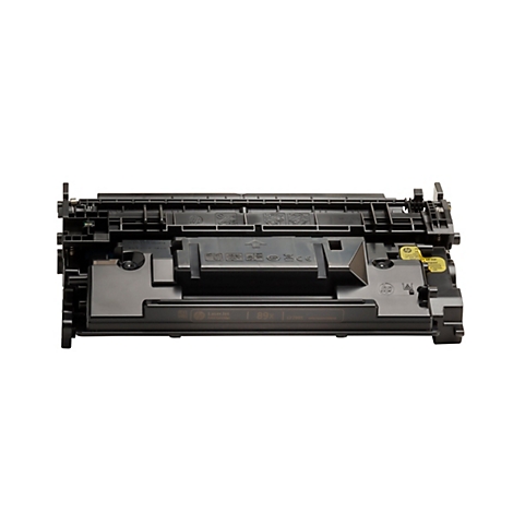 Schwarze HP LaserJet 89X Tonerkartusche, vor weißem Hintergrund. Auf der Kartusche sind verschiedene Logos und Beschriftungen zu sehen.