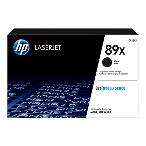 Schwarze HP LaserJet Toner-Kartusche 89x auf einem Displayhintergrund mit Stadtnamen. Mit HP-Logo und Produktangaben.