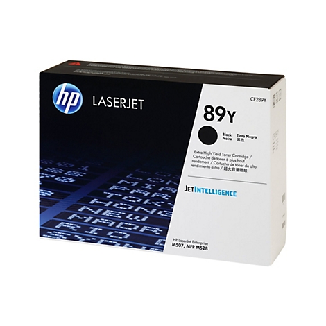 Eine HP LaserJet Tonerpatrone in Originalverpackung. Die Verpackung ist überwiegend weiß und schwarz mit Produktinformationen und Logo.