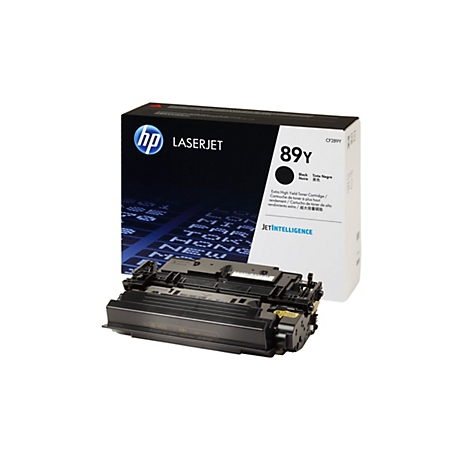 Schwarze HP 89Y Toner Kartusche und Box. Aufschrift HP LaserJet, 89Y. Produktname und andere Details.