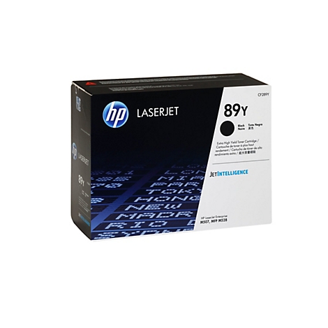 Schwarze HP Laserjet Toner-Kartusche in einer schwarzen Box mit weißer Schrift. Die Box zeigt das HP Logo, die Produktbezeichnung "89Y" und weitere Produktinformationen.