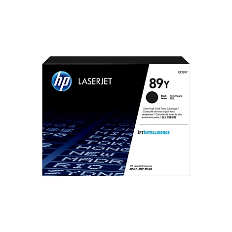 Schwarze HP LaserJet 89Y Tonerpatrone, mit Produktdetails und Hintergrundmuster.
