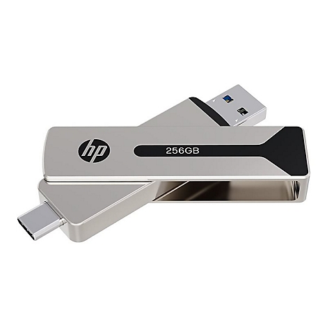 Clé USB HP argentée avec 256 Go de stockage, connecteur USB-C et USB-A.