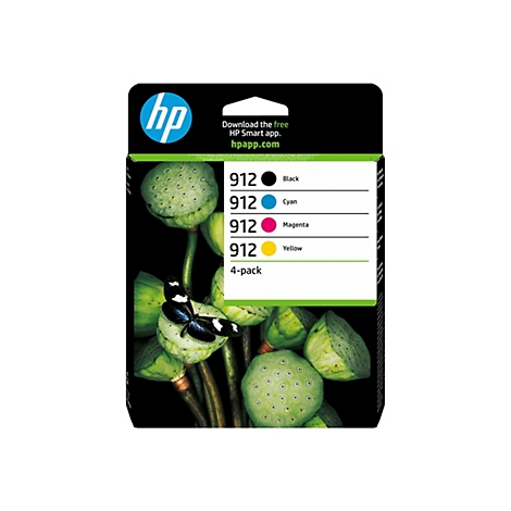 HP Druckerpatronen-Packung mit Farbbezeichnungen und Logo, dahinter eine Naturaufnahme mit Seerosenkapseln.