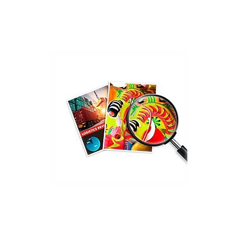 Zwei Bilder; eins zeigt Frachtcontainer, das andere ein abstraktes, farbenfrohes Motiv, betrachtet durch eine Lupe.