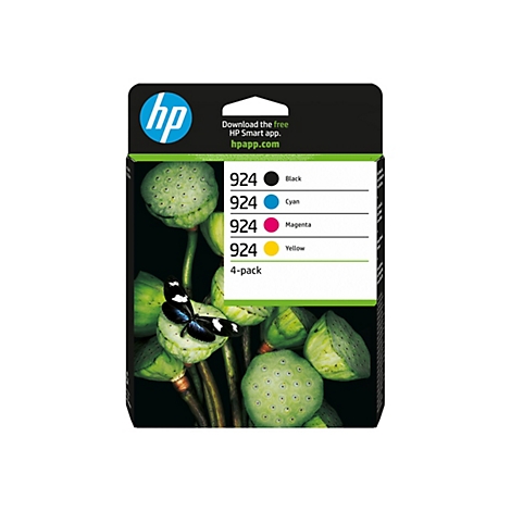 HP Tintenpatronen-Packung vor botanischem Hintergrund mit Schmetterling. Auf der Packung stehen die Tintenfarben und die HP-Logo.