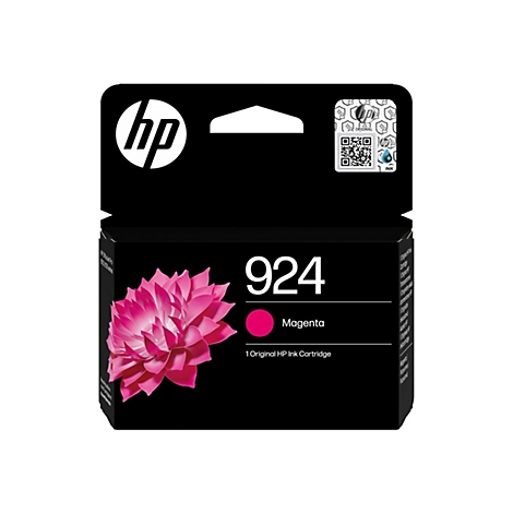 Eine HP Tintenpatrone in Schwarz mit dem Logo 'hp' und der Bezeichnung '924 Magenta'.