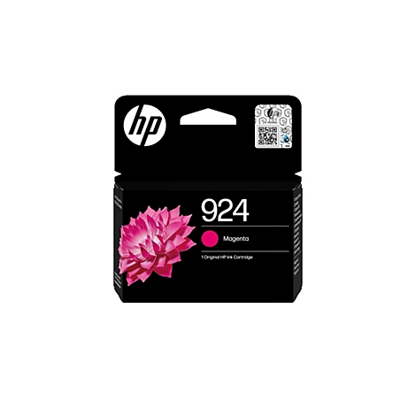 Cartouche d'encre HP noire, emballage avec fleur rose et texte '924 Magenta'.