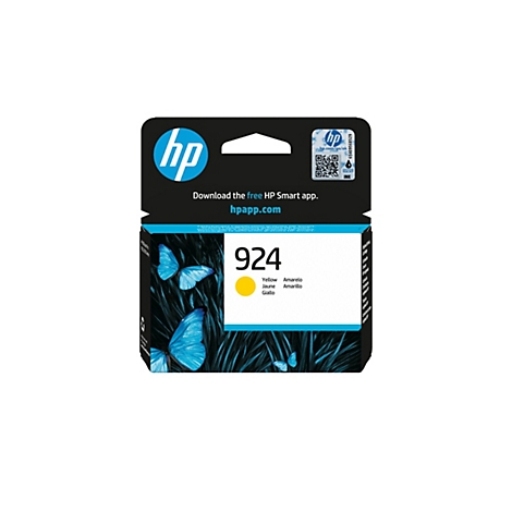 Cartouche d'encre jaune HP 924 avec des papillons bleus.