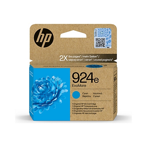 HP Tintenpatrone, blau. Auf der Packung stehen die Schriftzüge "924e EvoMore", "Cyan" und "Original HP Ink Cartridge".