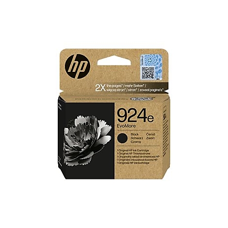 HP Tintenpatrone 924e. Schwarze Tintenpatrone in Pappverpackung mit Blume und QR-Code. Aufdrucke in verschiedenen Sprachen.