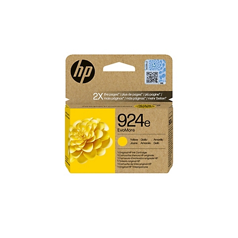 Gelbe HP Tintenpatrone, gelbe Grafik einer Blüte. Auf der Verpackung steht 924e.