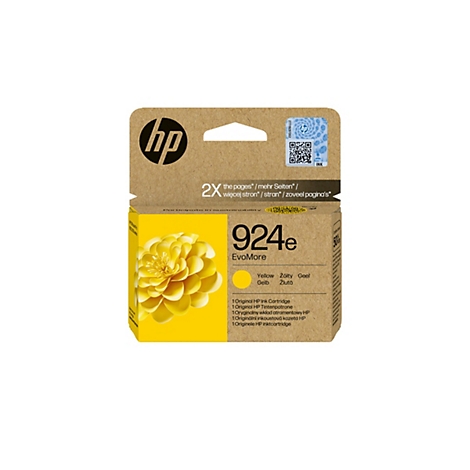 Eine gelbe HP 924e Tintenpatrone, dargestellt auf einer braunen Kartonverpackung. Auf der Verpackung befinden sich der HP-Schriftzug, Angaben zur Reichweite und mehrsprachige Produktinformationen.