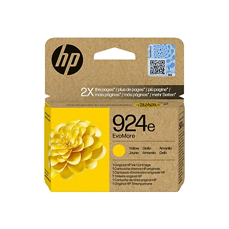 Eine HP Tintenpatrone, gelb, auf einem weißen Hintergrund. Auf der Verpackung befindet sich das HP Logo und die Aufschrift 924e EvoMore.