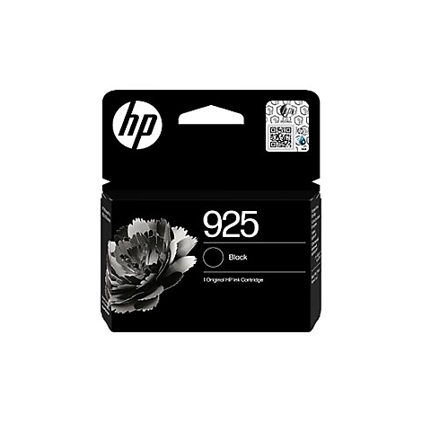 Schwarze HP Tintenpatrone 925. Aufschrift: "Black" und "1 Original HP Ink Cartridge". Aufgedruckte Blume.