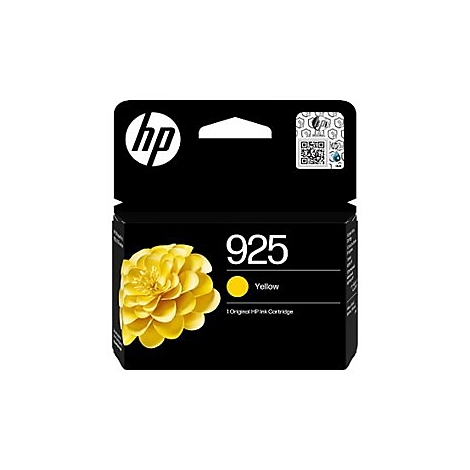 Gelbe HP 925 Tintenpatrone in schwarzer Verpackung. Aufdruck: "Yellow", gelbe Blüte, HP Logo.