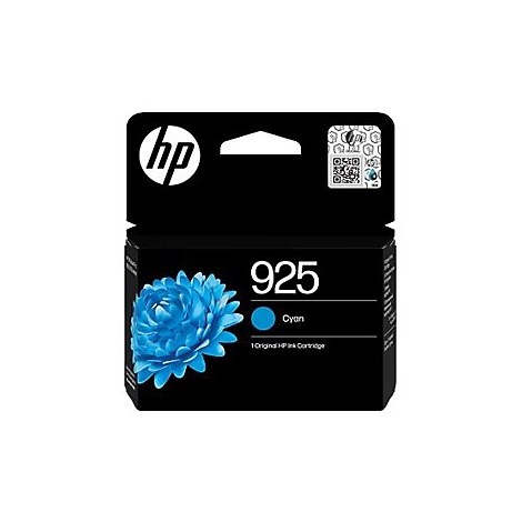 Schwarze HP Tintenpatrone 925 Cyan, blaues Blütenmuster, Logo.