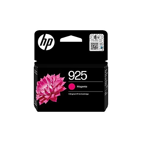 Schwarze HP-Tintenpatrone, die 925 Magenta zeigt, mit pinkfarbenem Blütenmotiv.