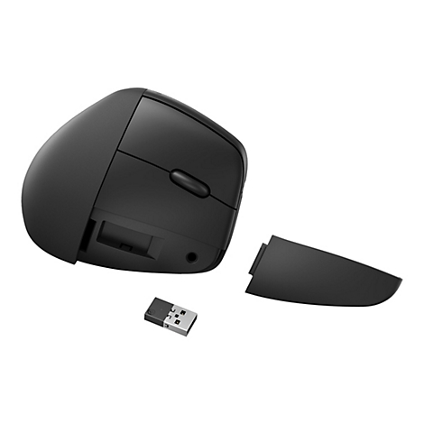 Schwarze ergonomische Maus mit abgenommenem Seitenteil und USB-Empfänger.