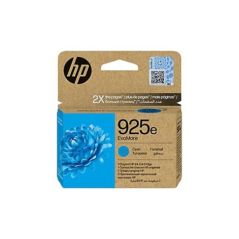HP Tintenpatrone 925e in Türkis. Aufdruck: Cyan, EvoMore, 2X, HP Logo.
