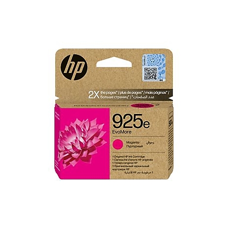 Verpackung einer HP Tintenpatrone 925e in Magenta. Mit HP Logo, Produktbezeichnung, und einem QR-Code.