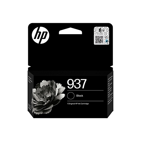 Schwarze HP Tintenpatrone 937. Schwarze Kartusche in schwarzer Verpackung. HP Logo oben links, QR-Code rechts.