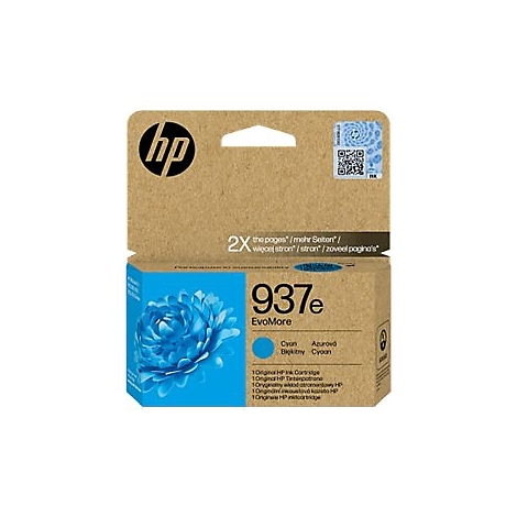 HP Tintenpatrone 937e in Türkis. Die Verpackung ist braun mit dem HP Logo und weiteren Produktinformationen.