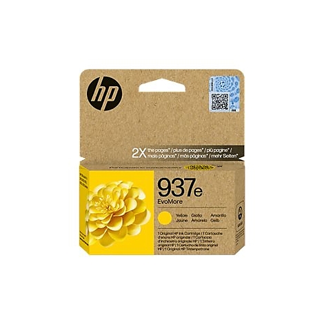 Gelbe HP Tintenpatrone 937e. Die Verpackung zeigt eine gelbe Blume und das HP Logo.