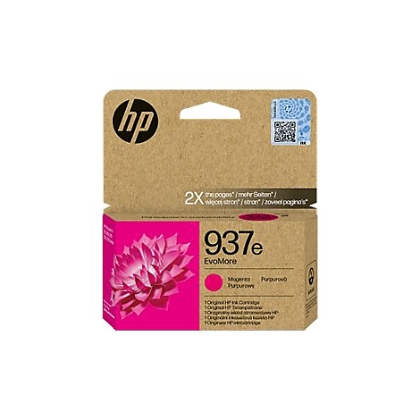 HP Tintenpatrone 937e EvoMore in pinkfarbener Verpackung. Aufdruck: HP Logo, Text und QR-Code.
