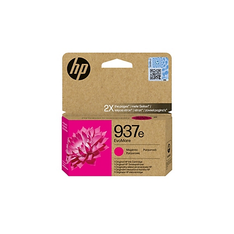 Eine HP Tintenpatrone, verpackt in einem braunen Karton. Auf dem Karton ist das HP-Logo, die Produktbezeichnung "937e EvoMore" und der Hinweis auf eine größere Seitenanzahl zu sehen. Die Kartusche ist magenta.
