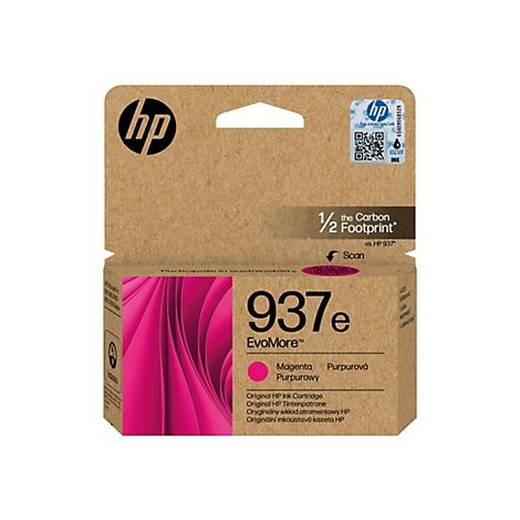 Cartouche d'encre HP, carton marron avec insert rose. Impressions : logo HP, 937e, magenta, empreinte carbone, scan.