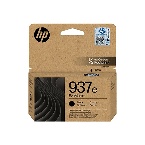 HP 937e EvoMore schwarze Tintenpatrone in umweltfreundlicher Kartonverpackung mit Logo und Modellnummer.