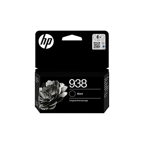 Schwarze HP Tintenpatrone 938, schwarze Blume abgebildet.