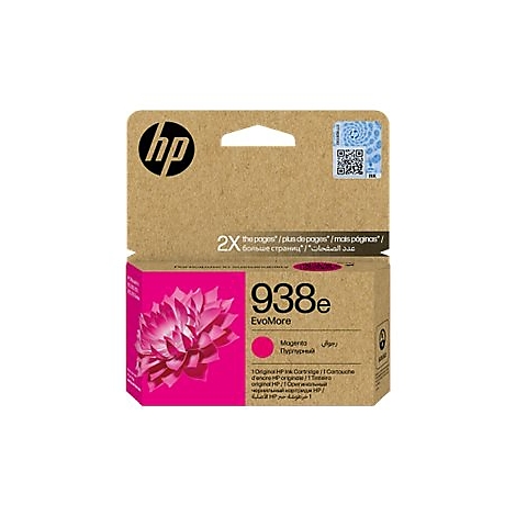 HP-Tintenpatrone 938e in Pink mit Blütenmuster auf der Verpackung und Logo.