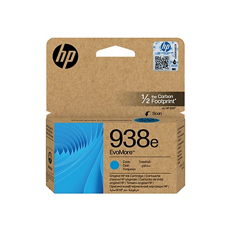 Eine Produktverpackung der Marke HP. Auf der Verpackung steht in Großbuchstaben "938e EvoMore" für eine Tintenpatrone in Cyan. Die Packung hat eine Aussparung in Form eines stilisierten Schlüssellochs.
