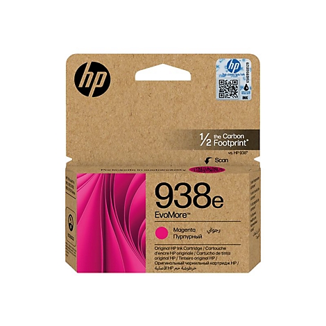 Cartouche d'encre HP, carton brun avec intérieur rose, texte : 938e, magenta, logo HP.