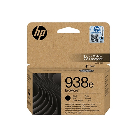 Eine Produktverpackung für eine HP 938e Tintenpatrone. Die Verpackung ist überwiegend braun und zeigt das HP-Logo, die Produktbezeichnung und mehrsprachige Beschriftungen.