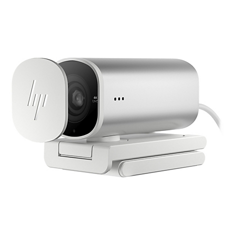 Weiße HP-Webcam mit offenem Objektivschutz, 4K UHD-Logo. Darunter ein Sockel. Auf weißem Hintergrund.