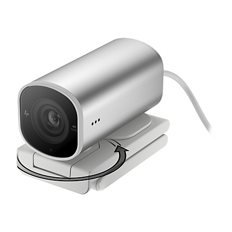 Eine silberne Webcam mit 4K-UHD-Kennzeichnung, auf einem drehbaren weißen Ständer.