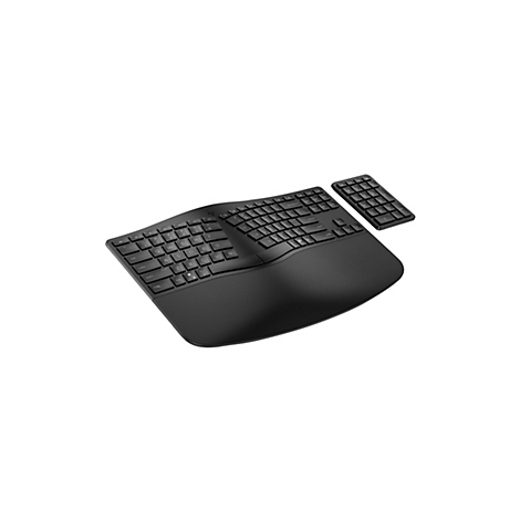 Schwarze, ergonomische geteilte Tastatur mit separatem Ziffernblock auf weißem Hintergrund.
