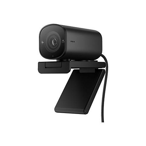 Schwarze Webcam, Frontansicht, mit 4K UHD Logo und HP Logo. Die Webcam ist auf einer Halterung befestigt, die an einem Monitor befestigt werden kann.
