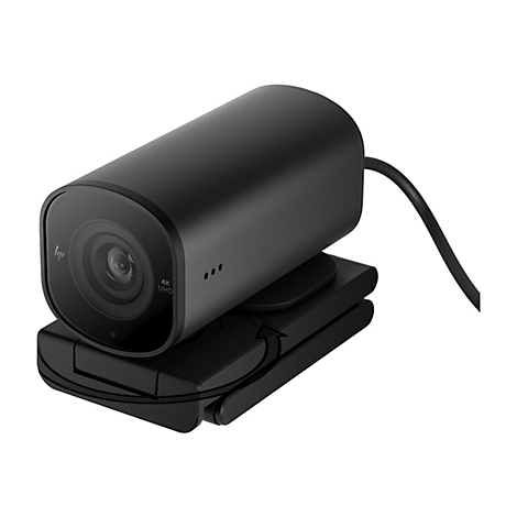 Schwarze Webcam, 4K UHD-Aufschrift, drehbarer Standfuß, HP Logo.