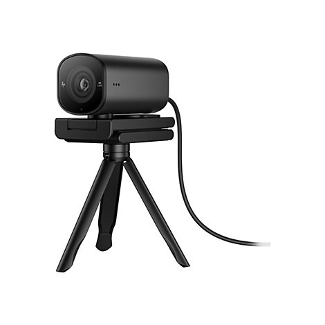 Schwarze Webcam auf einem schwarzen Dreibeinstativ, 4K UHD. HP Logo.