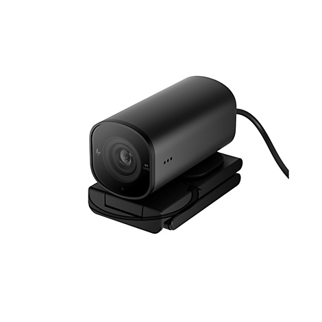 Schwarze Webcam, die auf einer Halterung befestigt ist. Auf der Front steht 4K UHD. Das Kabel ist an der Kamera befestigt.